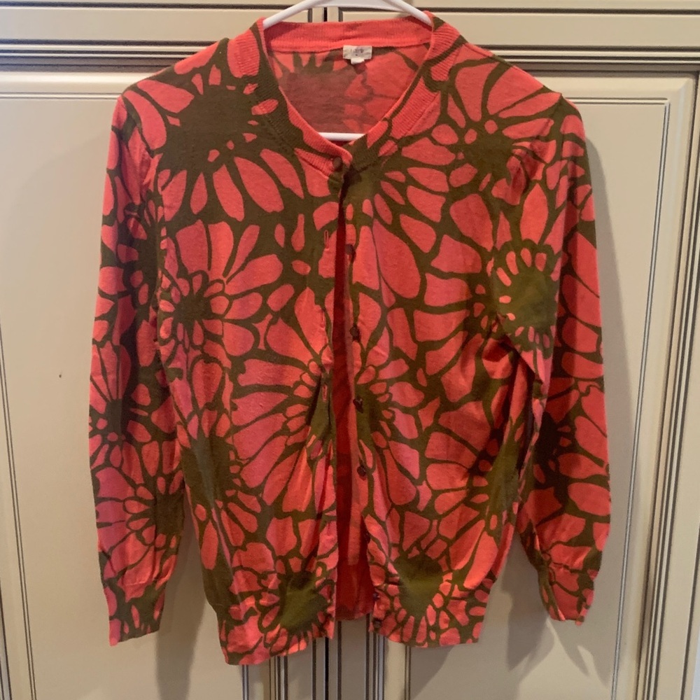 J. Crew Coral and Green cotton Cardigan Sweater